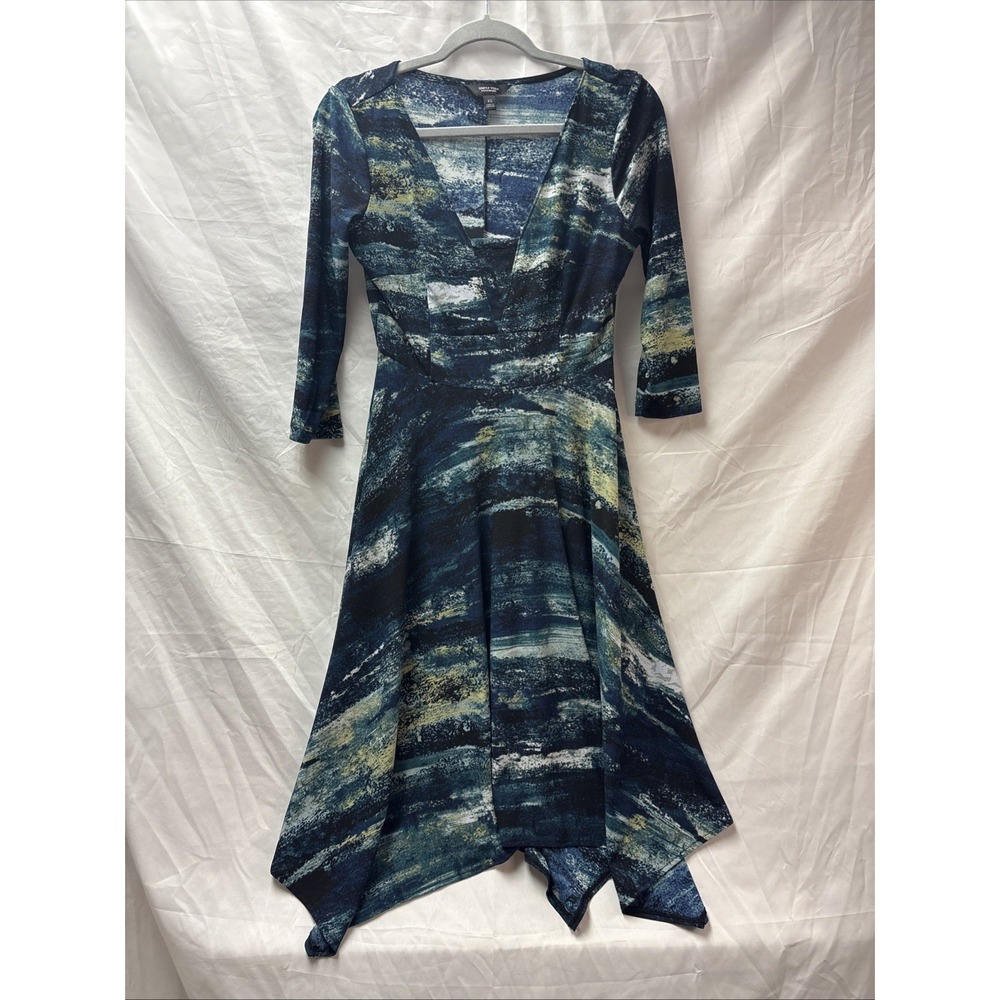 Simply Vera Dress Sz XS Blue Watercolor Long Sleeve A Line Knee Length Women's